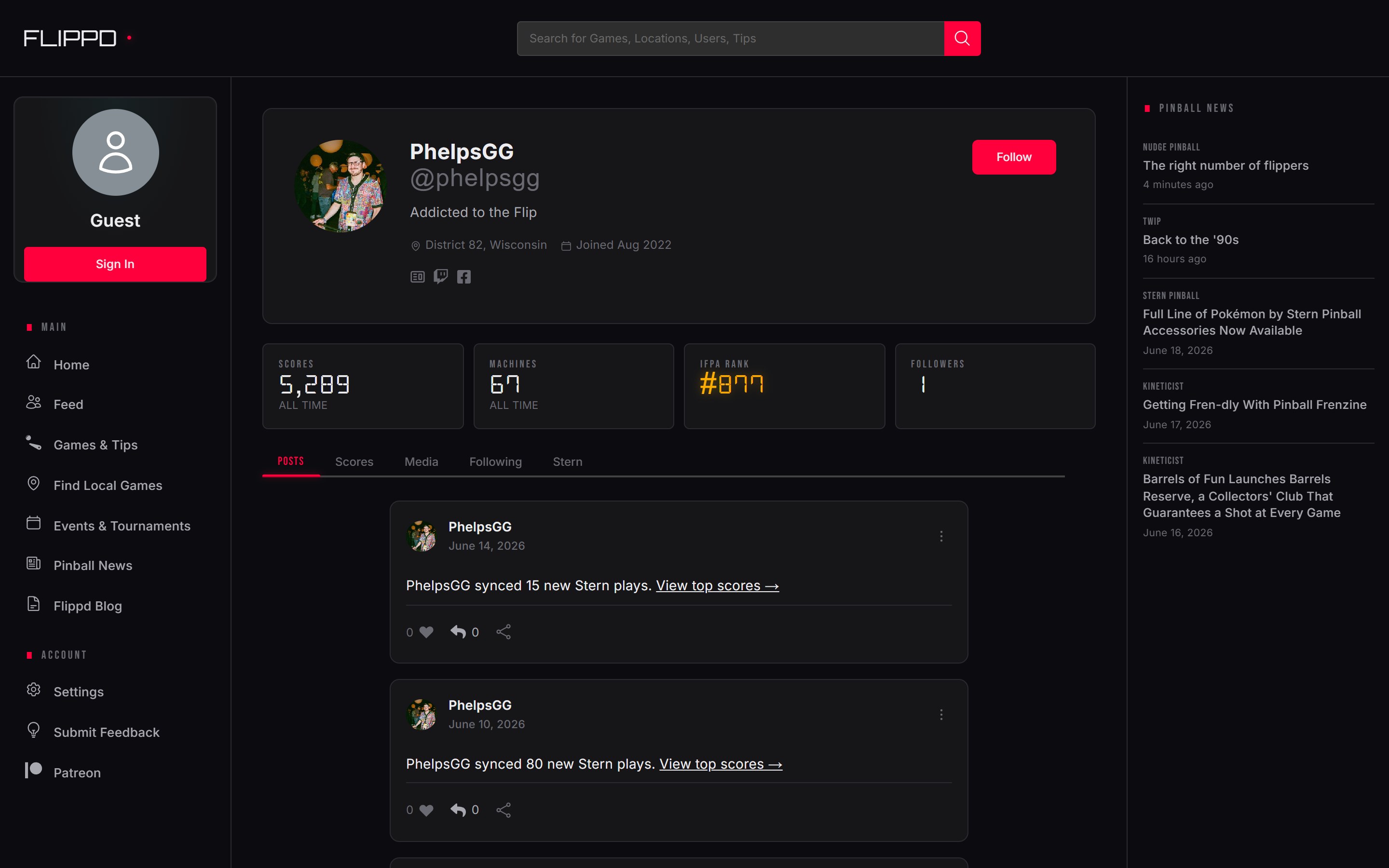A Flippd player profile showing tracked scores, machine count, and IFPA rank
